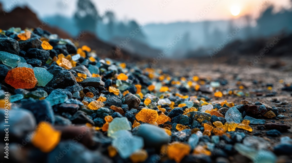 Obraz premium A close-up view of colorful glass fragments scattered on a rocky surface, illuminated by soft sunlight, creating a striking contrast with the earthy tones around.