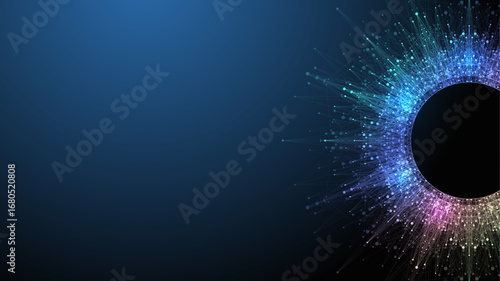 Scientific vector illustration quantum computer technology. Plexus fiction effect. Deep learning artificial intelligence. Big data algorithms visualization. Quantum explosion background.