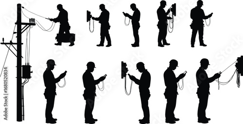 Silhouette electrician testing power lines, utility worker checking electrical meter, technician measuring voltage, safety engineer working with cables, construction maintenance
