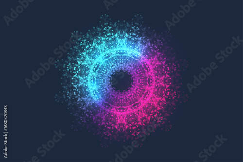 Scientific vector illustration quantum computer technology. Plexus fiction effect. Deep learning artificial intelligence. Big data algorithms visualization. Quantum explosion background.