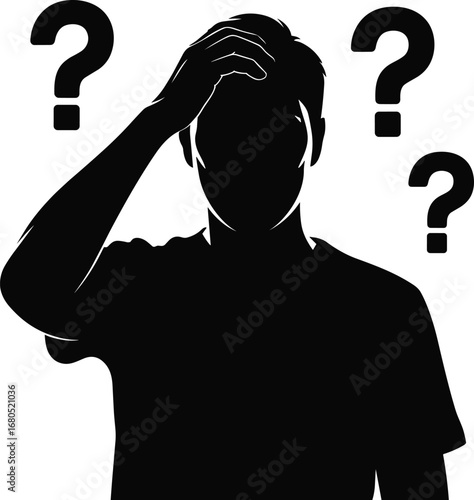 Silhouette of a confused person with question marks – uncertainty, doubt, thinking, mental confusion, decision making concept