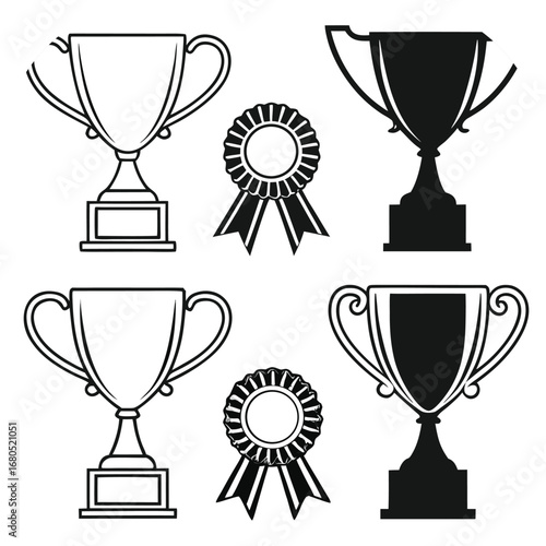 Award Trophy and Rosette Icons With Mixed Outline and Silhouette Styles winner champion