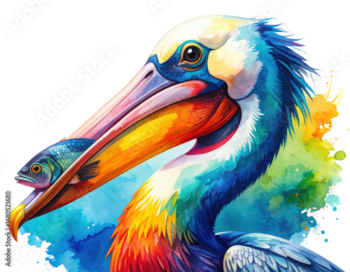Vibrant Watercolor Pelican with Fish Illustration.