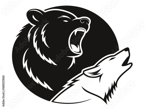 Black and white illustration of a roaring bear and a howling wolf animals wildlife