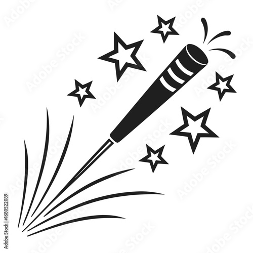 Black and White Sparkler with Stars and Smoke Trails on White Background firework celebration
