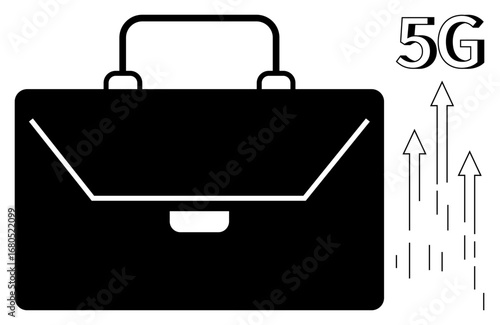Black briefcase with minimalist style paired with 5G text and rising arrows. Ideal for business, technology, connectivity, innovation, networking, progress, and professional growth themes. Simple