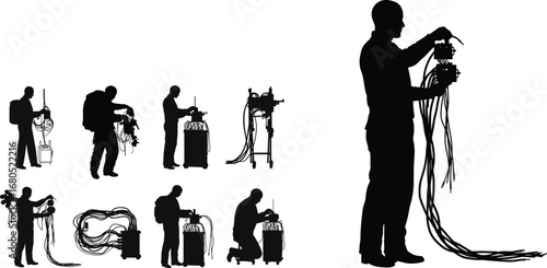 Silhouette electrician with cables, electrical repair worker, power maintenance technician, wiring service, utility engineer, energy infrastructure, electricity connection, safety repair