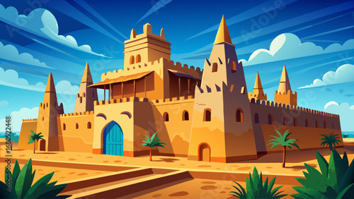 Djenné Great Mosque, Mali, dominates with massive adobe walls, wooden beams, and a spacious courtyard. Blue sky contrast; semi-realistic flat vector focusing on bold texture and symmetrical façade.