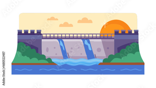Cartoon dam illustration water hydroelectric power generation energy reservoir landscape vector image