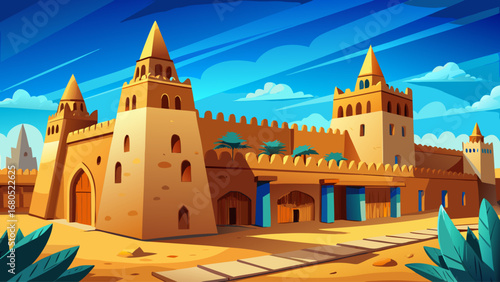 Djenné Great Mosque, Mali, dominates with massive adobe walls, wooden beams, and a spacious courtyard. Blue sky contrast; semi-realistic flat vector focusing on bold texture and symmetrical façade.