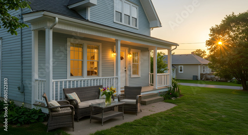 A house with a small, inviting sitting area outside