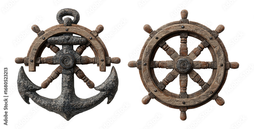 Obraz premium Detailed Anchor and Ship Wheel Clipart on Transparent Background