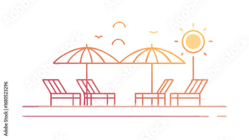 Beach vacation scene with umbrellas and sunbeds vector illustration for summer holiday designs