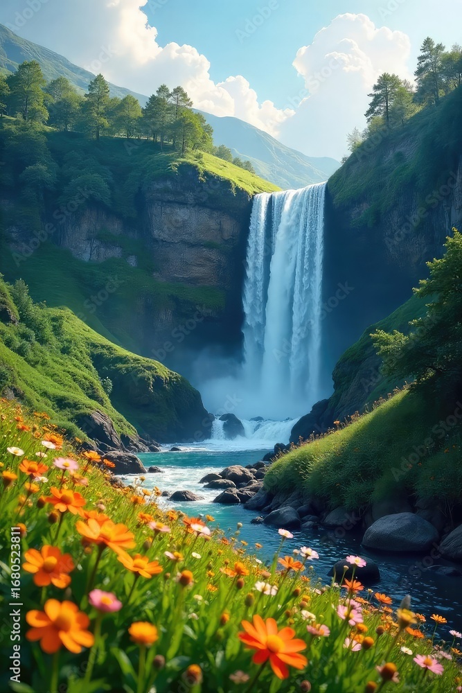 Fototapeta premium A breathtaking field of cascading waterfalls, lush greenery, and vibrant wildflowers create a serene and magical landscape Perfect for nature, travel, and environmental themes , magical, scenic