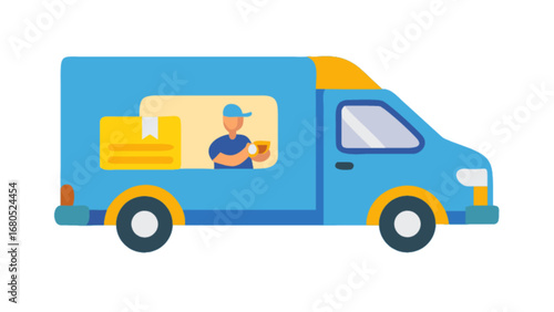 Delivery truck service for fast shipping and logistics solutions with driver and package illustration art