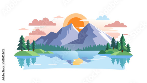 Mountain lake landscape vector illustration scenic view with reflection and nature background design