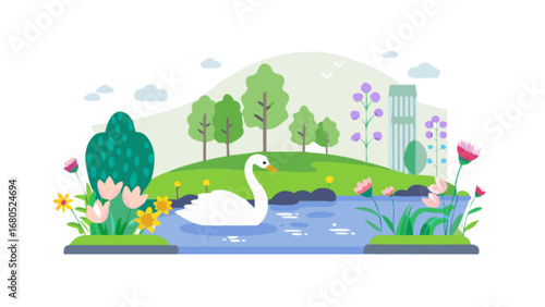 Beautiful swan in natural pond landscape illustration vector design for graphic design and web design use