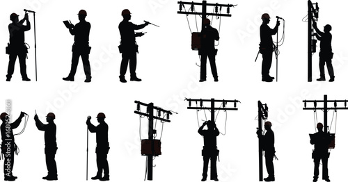 Silhouette electrician worker on utility pole, lineman repairing power lines, electrical maintenance, safety harness, construction service, energy repair, technician working