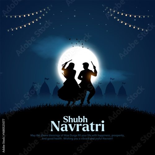 Navratri or Garba Night poster for Dussehra festival of India. Creative vector illustration design of couple playing Dandiya dance at with night full moon.