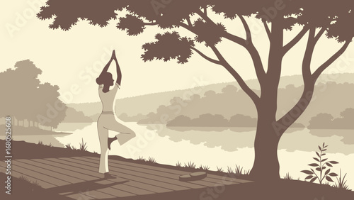 Mindful Woman Practicing Yoga Tree Pose in Serene Nature Landscape Silhouette Illustration with River and Trees