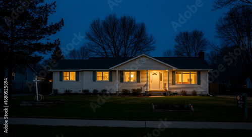 A house with a subtle glow emanating from within its windows