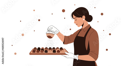 Artisan Chocolatier Dusting Exquisite Truffles with Delicate Cocoa Powder for Presentation