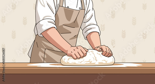 Artisanal Baker Kneading Dough With Passion, Crafting Fresh Bread, In Kitchen Scene