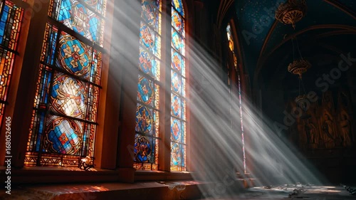 Colorful stained glass windows illuminating space