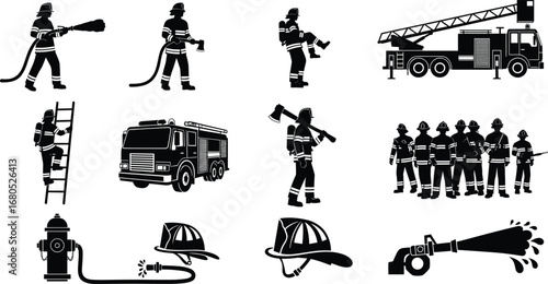 Firefighter team, fire truck, fire hose spraying water, fireman climbing ladder, fire axe, fire helmet, fire hydrant, fire safety equipment, emergency response, rescue operation