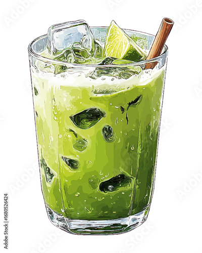 Iced Matcha Green Tea with Lime and Cinnamon Stick - Vector Illustration, isolated with transparent background