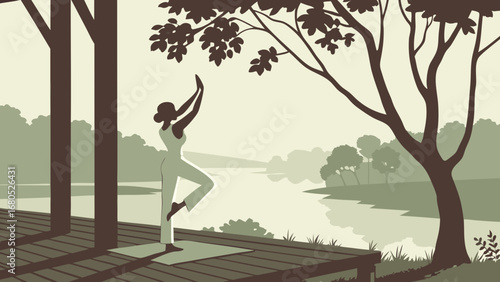 Serene Woman Practicing Tree Pose Yoga on a Wooden Deck by a Tranquil River at Dawn, Embracing Nature and Mindfulness in a Peaceful Outdoor Setting