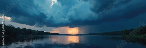 Dramatic Stormy Sky over Serene Lake Ominous Clouds and Majestic Lighting Create Powerful Contrast