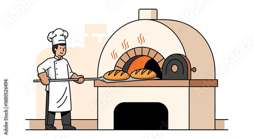 Baker Crafting Freshly Baked Bread in a Traditional Wood-Fired Oven Illustration