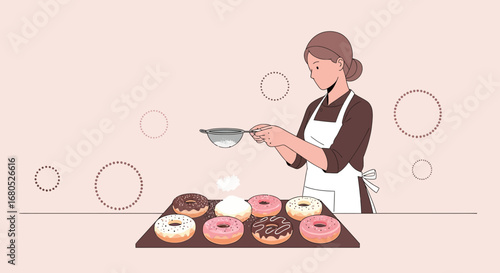 Baker Decorating Fresh Donuts With Icing Sugar Ready To Serve And Sell To Customers
