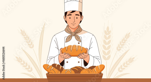 Baker Displaying Artisan Bread with a Selection of Baked Goods, Offering Freshly Made Loaves