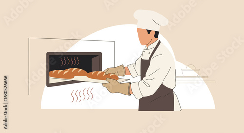 Baker Extracting Fresh Baked Bread From Oven Depicting Culinary Craftsmanship Scene