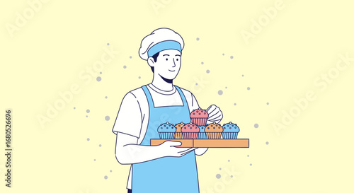 Baker Holding Tray Of Freshly Baked Muffins In Modern Flat Illustration Style