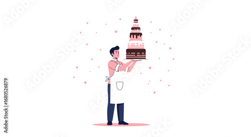 Baker Presents Multilayered Celebration Cake with Delicate, Abstract Pink Confetti Surrounding
