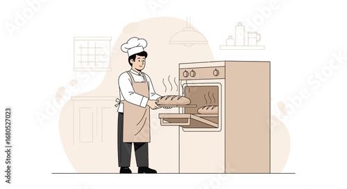Baker Taking Fresh Loaf Of Bread From The Oven In A Bakery Illustration