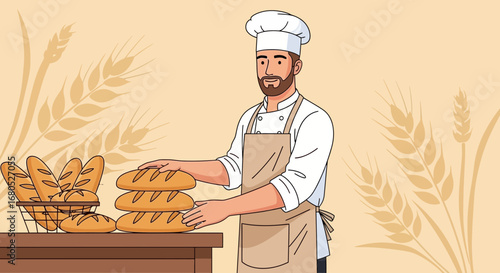 Baker With Freshly Baked Loaves Of Bread Ready For Sale Delicious Baking Process