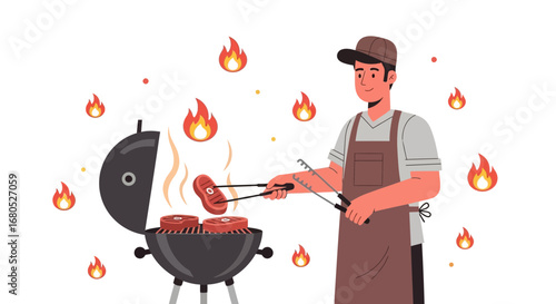 Barbecue Cook Prepares Gourmet Steaks On Outdoor Grill For Mouthwatering Summer Dinner