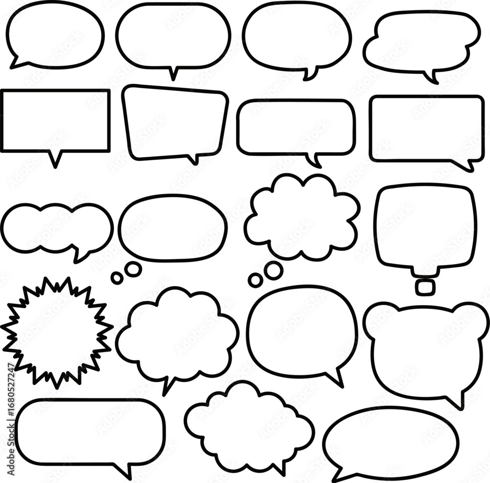 Obraz premium Set of basic speech balloons. Line drawing. Black and white. / ベーシックな吹き出し フレーム セット 線画 ラインアート 白黒