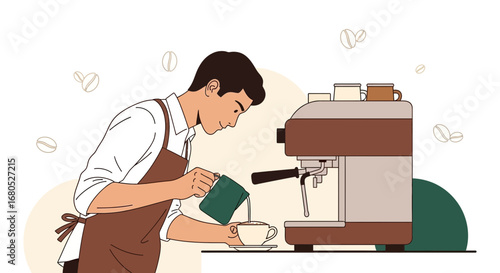 Barista Artfully Crafting Coffee Beverages Using Professional And Modern Equipment