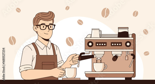 Barista Crafting Fresh Coffee with Professional Machine in a Cozy Cafe Setting