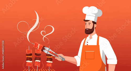 Barbecue Time: Chef Grilling Delicious Skewers On A Vibrant Orange Background