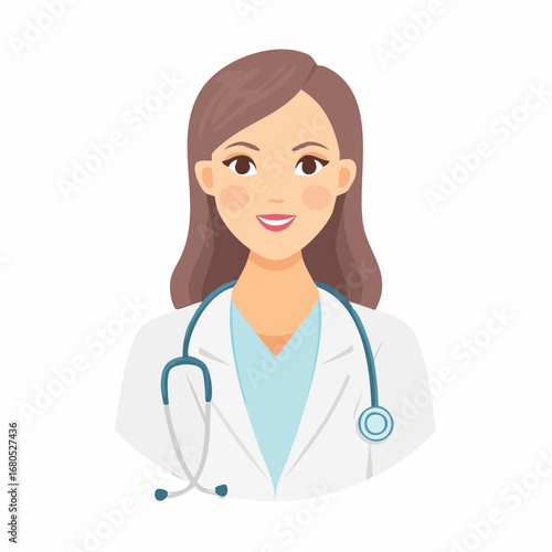 A professional young female doctor with a stethoscope smiles in a clinic