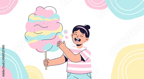 Blissful Girl Enjoys Colorful Candy Floss, Joyfully Celebrating Childhood Moments