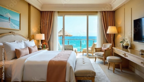 A lavishly decorated suite with ocean view, private balcony, and opulent amenities awaits the newlyweds Perfect for a romantic getaway and unforgettable honeymoon , five star, stylish