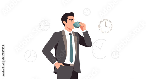 Businessman Enjoying Coffee Break Surrounded By Time Indicators Symbolizing Punctuality