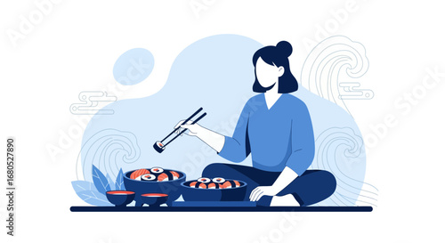 Calm Woman Enjoys Japanese Cuisine: Sushi and Meditation Moment in Digital Illustration